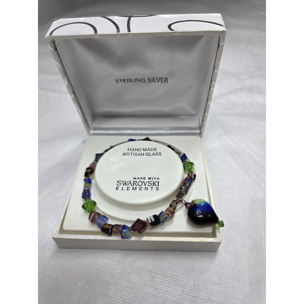 Handmade Artisan Glass Swarovski Beaded Millefori Bracelet Stretch Sterling